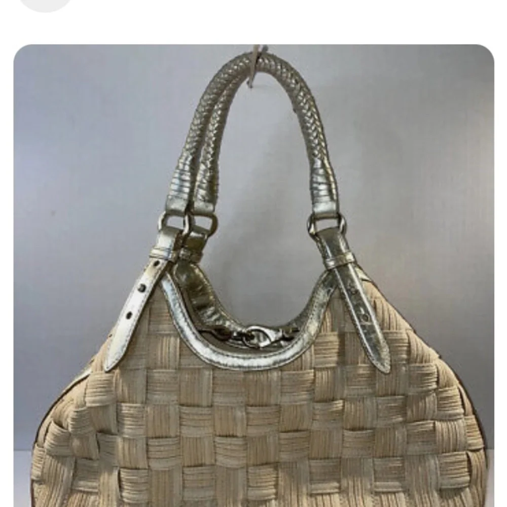 Cole Hahn Genevieve Weave Handles XL Canvas Gold leather triangle Tote Hobo